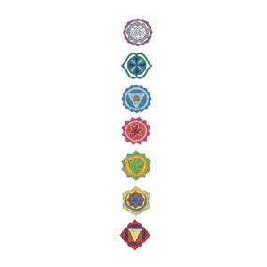 May include: A vertical arrangement of seven colorful chakra symbols, each with a unique geometric design. The symbols are arranged from top to bottom, starting with a purple symbol and ending with a red symbol.