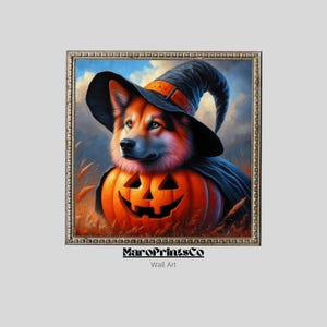 Sombrero de perro con calabaza, imprimibles de Halloween, póster de estilo vintage, arte de pared de calabaza, pintura de perro, póster de otoño, decoración de cabaña caprichosa de otoño