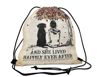 Girl And Dog Bag, And She Lived Happily Ever After Bag, Dog Dictionary Vintage Paper Bag, Out Door Drawstring Bag, Camping Bag