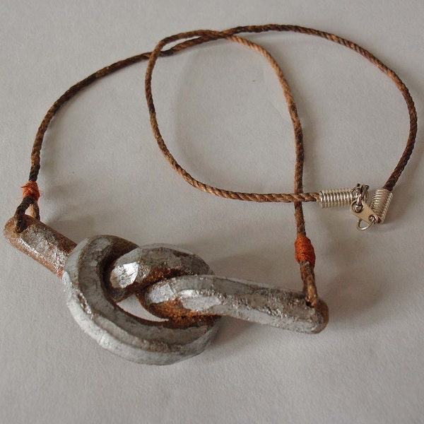 Rustic Industrial Necklace - Unisex, faux rusted metal pendant, polymer clay, jute cord