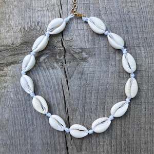Könnte beinhalten: Eine Halskette aus weißen Muscheln, die auf einer hellblauen Kordel aufgereiht sind. Die Kette hat einen goldfarbenen Verschluss und eine Kette zur Größenanpassung. Die Muscheln sind oval und gleichmäßig angeordnet.