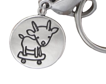 Sterling Silver Skateboarding Goat Keychain - Silver Goat Keyring - Miniature Goat Key Chain