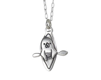 Sterling Silver Kayaking Seal Necklace - Cute Baby Otter in A Kayak Charm Pendant on Adjustable Sterling Silver Chain