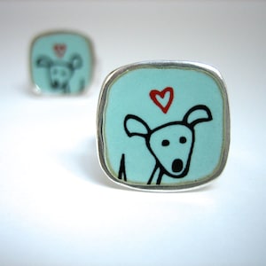 Happy Dog Enamel and Sterling Silver Ring - Robin's Egg Blue Vitreous Enamel with Original Dog Drawing - Handmade Dog Ring