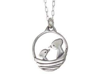 Sterling Silver Bird Nest Necklace - Mama and Baby Bird Charm on Adjustable Sterling Chain - Mother's Day Charm Necklace