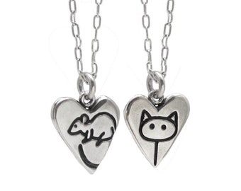 Reversible Cat and Rat Necklace - Sterling Silver Rat and Cat Pendant - Mouse Charm - Rat Charm