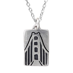 Sterling Silver Golden Gate Bridge Necklace - Rectangular Sterling Silver Pendant - San Francisco Charm on Adjustable Sterling Chain