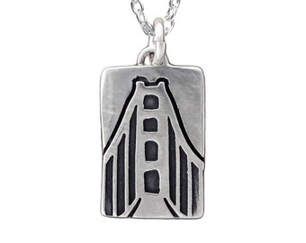 Sterling Silver Golden Gate Bridge Necklace - Rectangular Sterling Silver Pendant - San Francisco Charm on Adjustable Sterling Chain