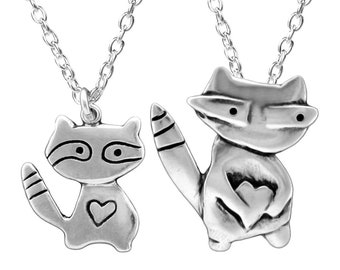 Mother Son Raccoon Necklace Set - Set of 2 Sterling Silver Raccoon Charm Pendants for New Mom or Mother's Day - Mother Daughter or Son