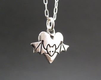 Sterling Silver Bat Necklace - Bat with Heart Pendant - Bat Charm on Adjustable Chain