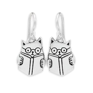 Sterling Silver Book Cat Earrings: Smart Reader Charm