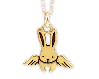 Gold Angel Bunny Charm Necklace - Gold Dipped Sterling Silver Flying Rabbit Pendant