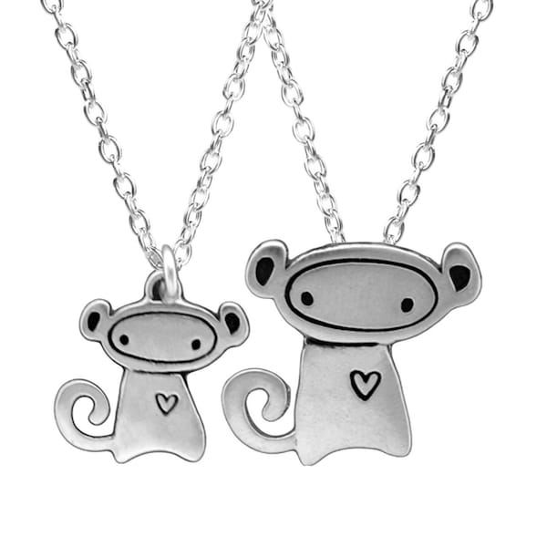 Mother Daughter Monkey Charm Necklace Set - Silver Monkey Pendants on Adjustable Sterling Chain