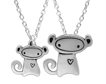 Mother Daughter Monkey Charm Necklace Set - Silver Monkey Pendants on Adjustable Sterling Chain