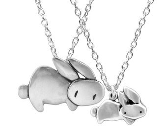 Rabbit Necklace Set - Sterling Silver Bunny Pendants for Mom Daughter Friends on Adjustable Chains