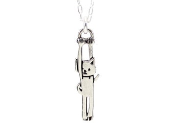 Tiny Sterling Silver Hang In There Kitten Necklace - Hanging Cat Silver Charm - Funny Cat Charm on Adjustable Chain