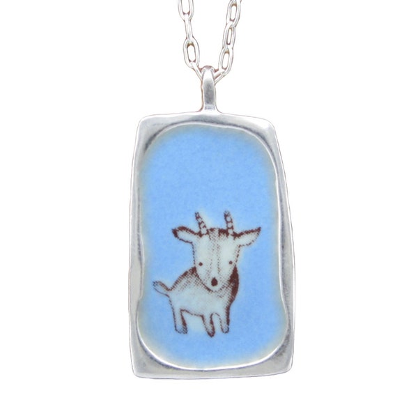 Goat Necklace - Reversible Enamel and Sterling Peeking Goat Necklace on Adjustable Sterling Chain