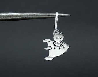 Astro Cat Earrings - Sterling Silver Rocket Kitten Charm Earrings - Cat Charm Dangle Earring