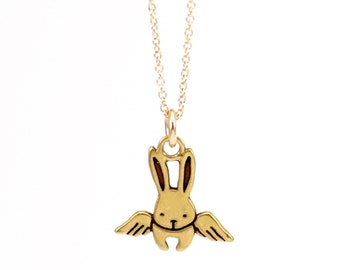 Gold Angel Bunny Charm Necklace - Gold Dipped Sterling Silver Flying Rabbit Pendant