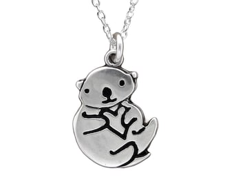 Otter Necklace - Sterling Silver Sea Otter Pendant or Charm - Otter Charm on Adjustable Sterling Chain