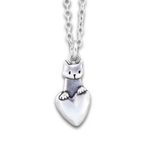 Tiny Peeking Kitten Charm - Small Detailed and Adorable Solid Sterling Silver Cat on a Heart Charm  -   Cat Jewelry