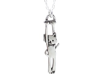 Sterling Hang In There Kitten Charm Necklace - Hanging Cat Silver Charm on Adjustable Sterling Chain