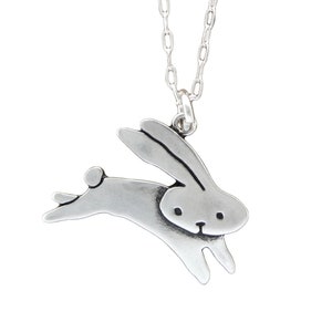 Sterling Jumping Rabbit Charm Necklace - Cute Silver Rabbit Pendant on Adjustable Sterling Chain