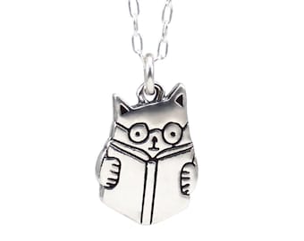 Book Cat Necklace - Sterling Silver Reading Cat with Glasses Charm on Adjustable Sterling Chain