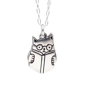 Book Cat Necklace - Sterling Silver Reading Cat with Glasses Charm on Adjustable Sterling Chain