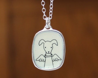 Angel Dog Necklace - Sterling Silver and Enamel Dog Memorial Charm - Dog with Wings Pendant on Adjustable Sterling Chain