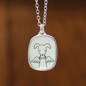 Angel Dog Necklace - Sterling Silver and Enamel Dog Memorial Charm - Dog with Wings Pendant on Adjustable Sterling Chain