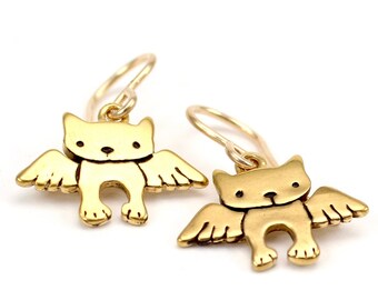 Gold Angel Kitty Earrings - Gold Dipped Sterling Silver Cat Earrings - Cat Memorial Earrings