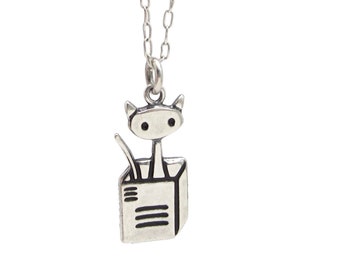 Cat in a Box Charm Necklace - Cat Necklace - Sterling Silver Cat Charm Pendant on Adjustable Sterling Chain