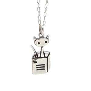 Cat in a Box Charm Necklace - Cat Necklace - Sterling Silver Cat Charm Pendant on Adjustable Sterling Chain