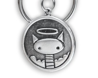 Sterling Silver Reversible Cat Keychain: Angel & Devil Keyring