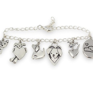 Dog Charm Bracelet - 100% Sterling Silver - Charm Bracelet with Six Dog Charms - Adjustable and Adorable