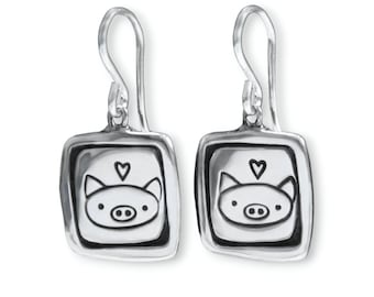 Sterling Silver Pig Charm Dangle Earrings - Pig Jewelry - Pig Gift for Her