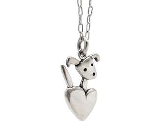 Little Puppy Necklace - Sterling Silver Dog Charm Pendant - Dog and Heart Charm