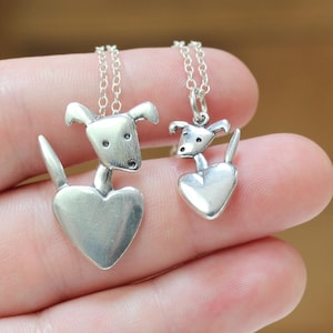 Mother Daughter Dog Charm Necklace Set - Sterling Silver Set of Two Pocket Pup Pendants on Adjustable Sterling Chains