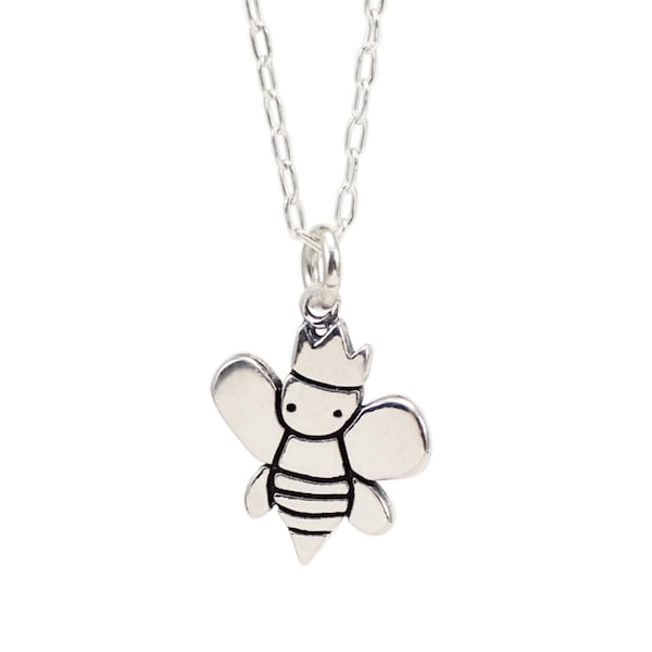 Sterling Silver Queen Bee Charm Necklace - Bumble Bee Pendant with Crown on Adjustable Chain