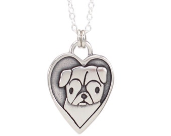 Sterling Silver Pug Necklace: Heart Pendant, Adjustable Chain