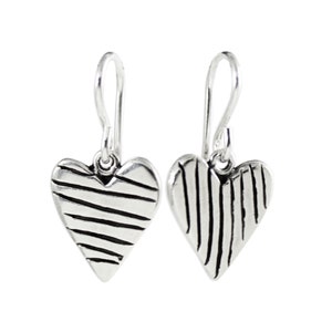 Striped Heart Earrings - Sterling Silver Heart Earrings - Valentine&#39;s Day Earrings