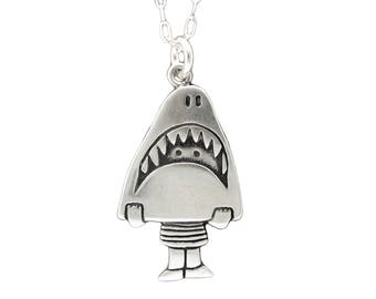 Sterling Silver Shark Charm Necklace - Cute Silver Shark Girl Pendant or Charm on Adjustable Sterling Silver Chain
