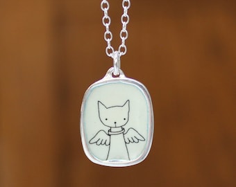 Angel Cat Necklace: Sterling Silver Enamel Pet Memorial Charm