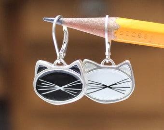 Reversible Black & White Cat Earrings: Sterling Silver Enamel Dangles