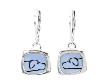 Cute Pointer Dog Earrings - Blue Enamel and Sterling Silver Hound Dog Earrings - Labrador Earrings