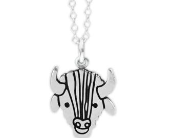 Handmade Sterling Silver Buffalo Necklace: Bison Charm on Adjustable Chain