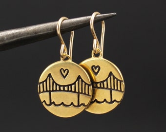 Golden Gate Bridge Earrings - Gold Plated Medallion Sterling Silver Golden Gate Charm Earrings