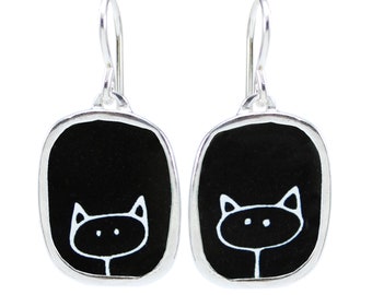 Stick Kitty Earrings - Sterling Silver and Vitreous Enamel Cat Earrings in Black and White