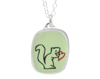 Squirrel Necklace - Sterling Silver and Vitreous Enamel Squirrel Necklace with Original Drawing on Adjustable Sterling Chain